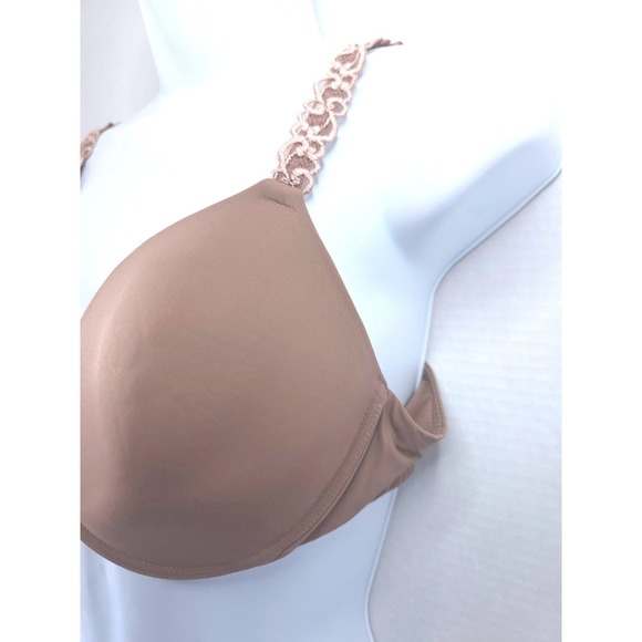 Natori Feathers Contour Plunge Bra 36C Tan Cafe Lace Strap Underwire 730023 - Picture 2 of 8